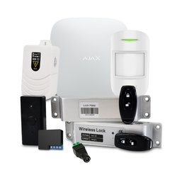 Burglar alarm kit with lock: Ajax Hub central unit, wireless motion sensor Ajax MotionProtect, wireless smart lock ATIS SL-01 with exit button and remote control, wireless relay Ajax Relay, power supply unit BGW-122, power connector ATIS clamp (female)
